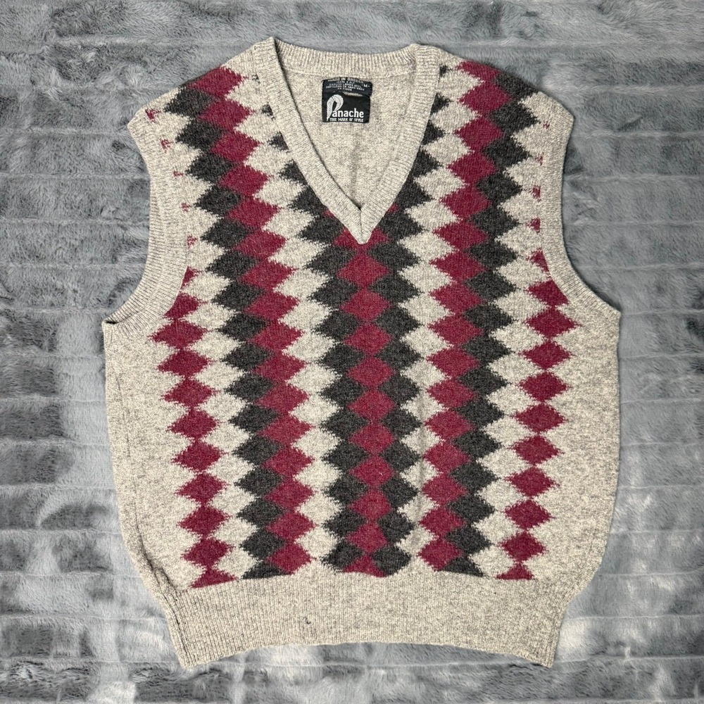 Panache Vintage‎ Argyle Lambswool Sweater Vest Gray Burgundy Mens Medium Greece
